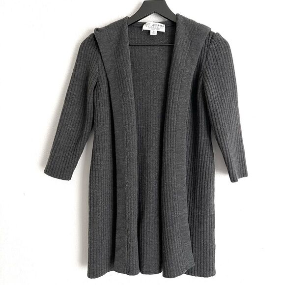 St John Collection Wool Hooded Open Front Long Sweater Size 2 Grey - Picture 1 of 5